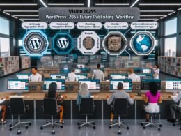 Futuristisches Büro mit multikulturellem Redaktionsteam, das an digitalen Displays und holografischen Workflows für die WordPress-Zukunft arbeitet.