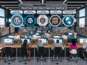 Futuristisches Büro mit multikulturellem Redaktionsteam, das an digitalen Displays und holografischen Workflows für die WordPress-Zukunft arbeitet.