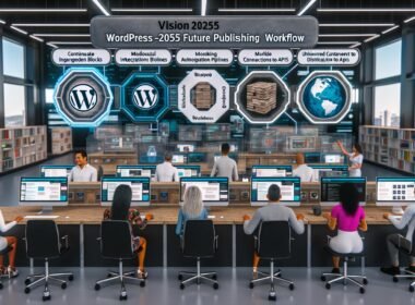 Futuristisches Büro mit multikulturellem Redaktionsteam, das an digitalen Displays und holografischen Workflows für die WordPress-Zukunft arbeitet.