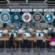 Futuristisches Büro mit multikulturellem Redaktionsteam, das an digitalen Displays und holografischen Workflows für die WordPress-Zukunft arbeitet.