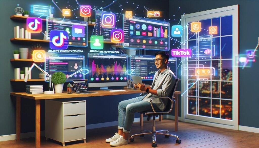 Kreativer Content-Macher im Homeoffice an Laptop mit mehreren Monitoren, Social Media Post-Plan, Analyse-Dashboards und leuchtenden TikTok-, YouTube- und Instagram-Hologrammen im Raum.