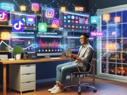Kreativer Content-Macher im Homeoffice an Laptop mit mehreren Monitoren, Social Media Post-Plan, Analyse-Dashboards und leuchtenden TikTok-, YouTube- und Instagram-Hologrammen im Raum.
