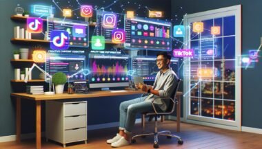Kreativer Content-Macher im Homeoffice an Laptop mit mehreren Monitoren, Social Media Post-Plan, Analyse-Dashboards und leuchtenden TikTok-, YouTube- und Instagram-Hologrammen im Raum.