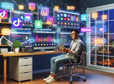 Kreativer Content-Macher im Homeoffice an Laptop mit mehreren Monitoren, Social Media Post-Plan, Analyse-Dashboards und leuchtenden TikTok-, YouTube- und Instagram-Hologrammen im Raum.