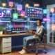 Kreativer Content-Macher im Homeoffice an Laptop mit mehreren Monitoren, Social Media Post-Plan, Analyse-Dashboards und leuchtenden TikTok-, YouTube- und Instagram-Hologrammen im Raum.