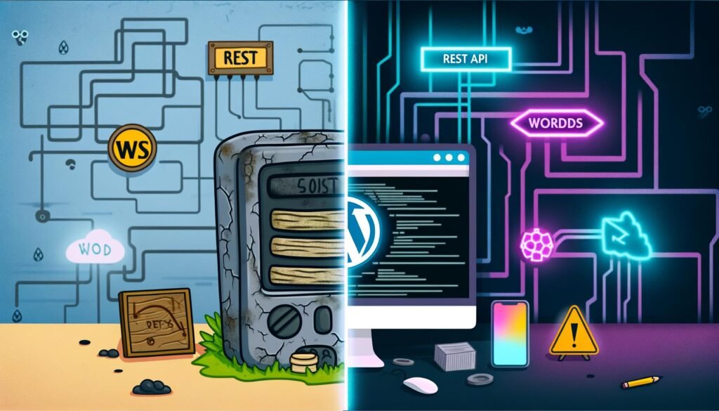 Vergleichende Illustration eines klassischen WordPress-Monolithen mit PHP und einem modernen Headless-WordPress-Setup mit JavaScript-Frontend wie Next.js oder Gatsby.