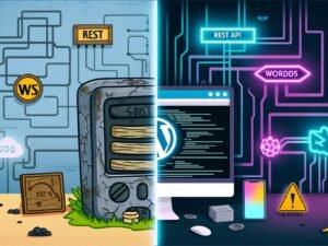Vergleichende Illustration eines klassischen WordPress-Monolithen mit PHP und einem modernen Headless-WordPress-Setup mit JavaScript-Frontend wie Next.js oder Gatsby.