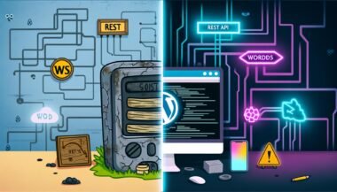 Vergleichende Illustration eines klassischen WordPress-Monolithen mit PHP und einem modernen Headless-WordPress-Setup mit JavaScript-Frontend wie Next.js oder Gatsby.