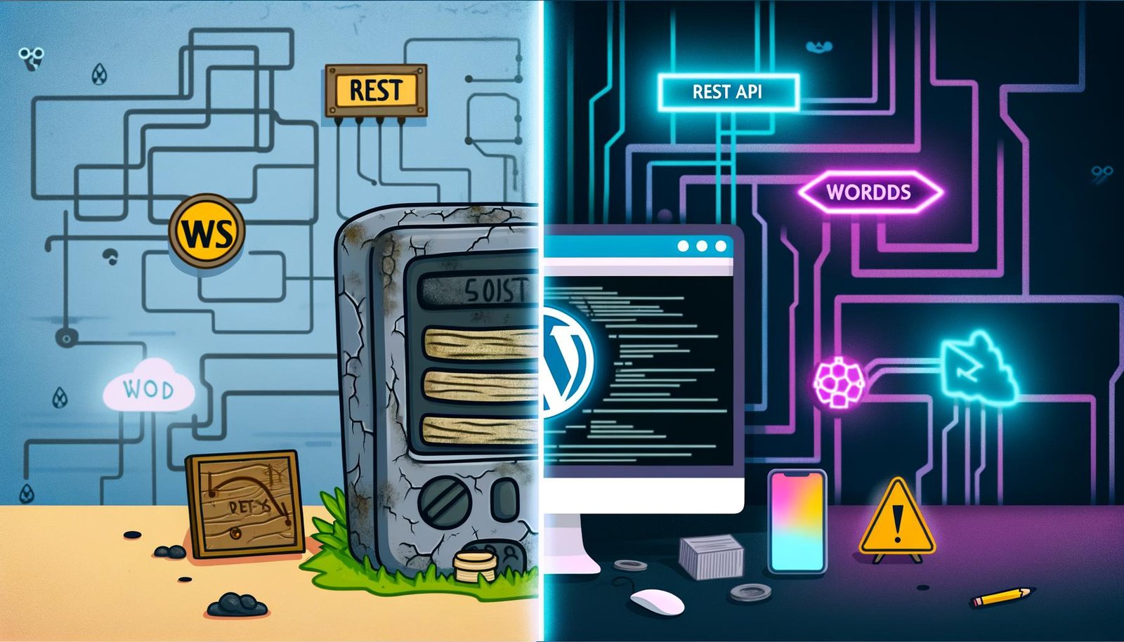 Vergleichende Illustration eines klassischen WordPress-Monolithen mit PHP und einem modernen Headless-WordPress-Setup mit JavaScript-Frontend wie Next.js oder Gatsby.