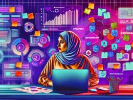 Illustration eines digitalen Creators im modernen Homeoffice mit mehreren Screens, Analysen, Monetarisierungstools und Plattform-Logos, die Chancen und Risiken der Creator Economy 2025 zeigen.