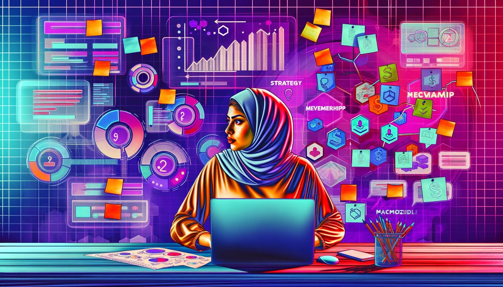 Illustration eines digitalen Creators im modernen Homeoffice mit mehreren Screens, Analysen, Monetarisierungstools und Plattform-Logos, die Chancen und Risiken der Creator Economy 2025 zeigen.