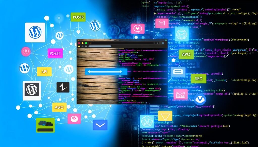 Split-Screen-Bild mit WordPress-Backend und Next.js-Editor, verbunden durch API-Linien und umgeben von Icons für technische Herausforderungen wie Authentifizierung und SEO.