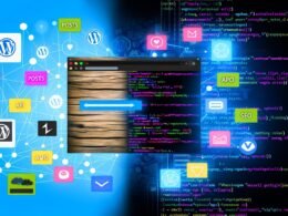 Split-Screen-Bild mit WordPress-Backend und Next.js-Editor, verbunden durch API-Linien und umgeben von Icons für technische Herausforderungen wie Authentifizierung und SEO.
