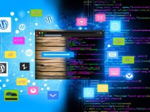 Split-Screen-Bild mit WordPress-Backend und Next.js-Editor, verbunden durch API-Linien und umgeben von Icons für technische Herausforderungen wie Authentifizierung und SEO.