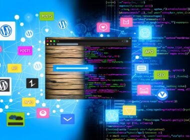 Split-Screen-Bild mit WordPress-Backend und Next.js-Editor, verbunden durch API-Linien und umgeben von Icons für technische Herausforderungen wie Authentifizierung und SEO.