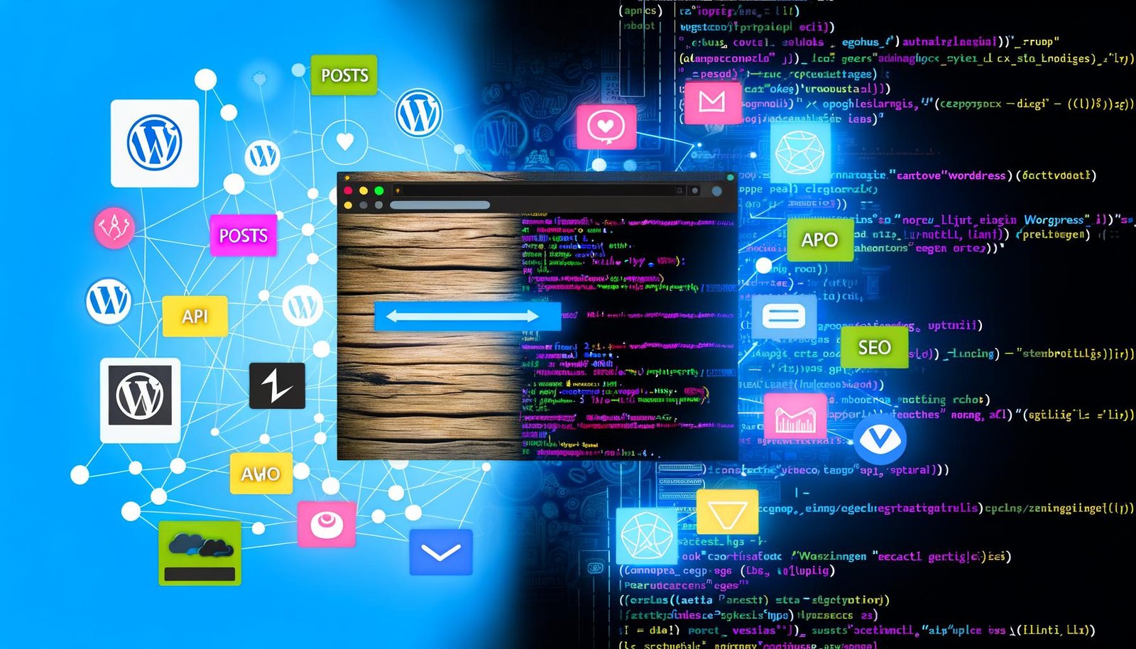 Split-Screen-Bild mit WordPress-Backend und Next.js-Editor, verbunden durch API-Linien und umgeben von Icons für technische Herausforderungen wie Authentifizierung und SEO.