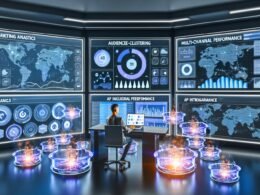 Marketing-Experte analysiert KI-gestützte Dashboards mit Heatmaps und Datenflüssen in einem futuristischen War Room