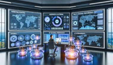 Marketing-Experte analysiert KI-gestützte Dashboards mit Heatmaps und Datenflüssen in einem futuristischen War Room