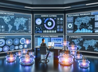Marketing-Experte analysiert KI-gestützte Dashboards mit Heatmaps und Datenflüssen in einem futuristischen War Room
