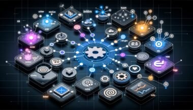 Digitale Schaltzentrale mit vernetzten Icons von Creator-Tools, leuchtenden Linien, modularen Symbolen und Content-Automatisierung zwischen Social-Media-Plattformen im modernen, effizienten Stil.