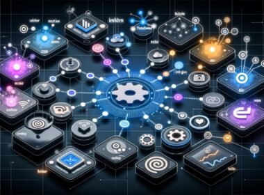 Digitale Schaltzentrale mit vernetzten Icons von Creator-Tools, leuchtenden Linien, modularen Symbolen und Content-Automatisierung zwischen Social-Media-Plattformen im modernen, effizienten Stil.