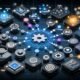 Digitale Schaltzentrale mit vernetzten Icons von Creator-Tools, leuchtenden Linien, modularen Symbolen und Content-Automatisierung zwischen Social-Media-Plattformen im modernen, effizienten Stil.