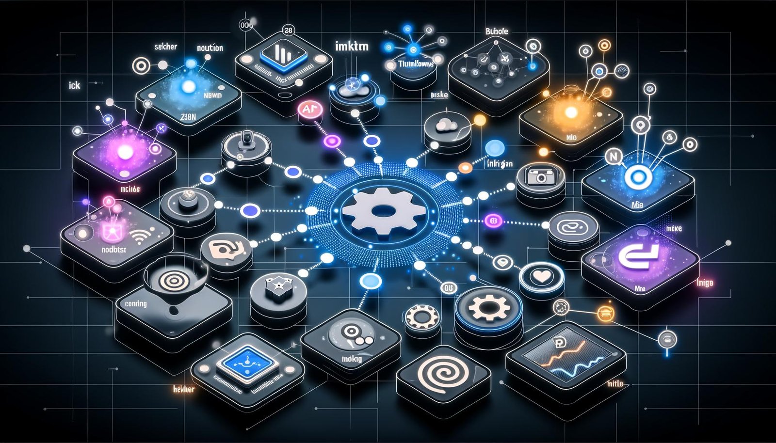 Digitale Schaltzentrale mit vernetzten Icons von Creator-Tools, leuchtenden Linien, modularen Symbolen und Content-Automatisierung zwischen Social-Media-Plattformen im modernen, effizienten Stil.