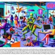 Magazin-Cover mit dynamischer Büroszene: Menschen und KI-gestützte Roboter arbeiten zusammen, während unter einem Roboterfuß zerrissene Papierdrachen liegen und ein 404-Fehlerzeichen im Hintergrund erscheint.