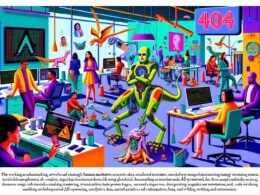Magazin-Cover mit dynamischer Büroszene: Menschen und KI-gestützte Roboter arbeiten zusammen, während unter einem Roboterfuß zerrissene Papierdrachen liegen und ein 404-Fehlerzeichen im Hintergrund erscheint.