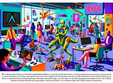 Magazin-Cover mit dynamischer Büroszene: Menschen und KI-gestützte Roboter arbeiten zusammen, während unter einem Roboterfuß zerrissene Papierdrachen liegen und ein 404-Fehlerzeichen im Hintergrund erscheint.