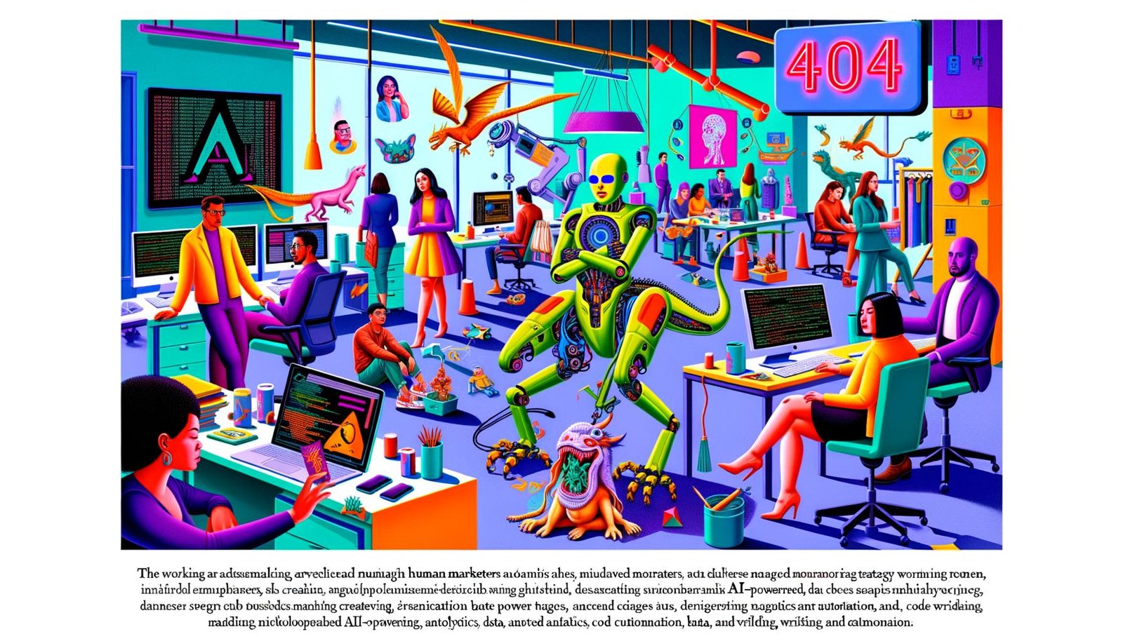 Magazin-Cover mit dynamischer Büroszene: Menschen und KI-gestützte Roboter arbeiten zusammen, während unter einem Roboterfuß zerrissene Papierdrachen liegen und ein 404-Fehlerzeichen im Hintergrund erscheint.