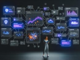 Junge, diverse Creator-Person bedient ein stylishes Tablet vor einem digitalen Dark-Mode-Dashboard mit Social-Media-Statistiken, Live-Umsätzen, Analytics-Grafiken und Workflow-Boards, umgeben von leuchtenden API-Verbindungslinien und einem kontrastierenden Datenchaos im Hintergrund.