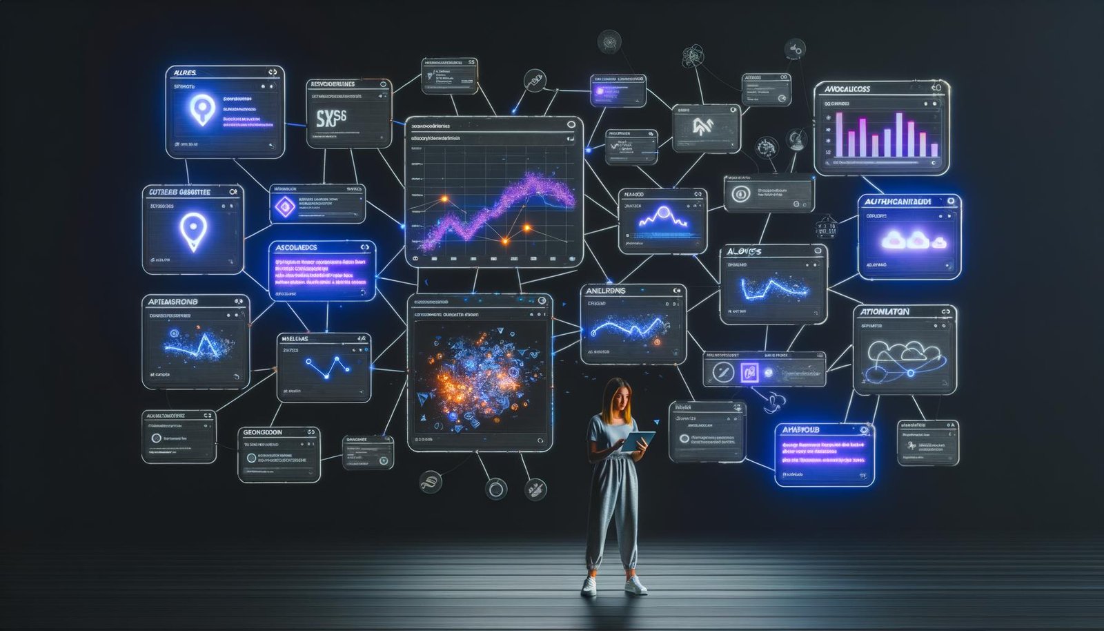 Junge, diverse Creator-Person bedient ein stylishes Tablet vor einem digitalen Dark-Mode-Dashboard mit Social-Media-Statistiken, Live-Umsätzen, Analytics-Grafiken und Workflow-Boards, umgeben von leuchtenden API-Verbindungslinien und einem kontrastierenden Datenchaos im Hintergrund.