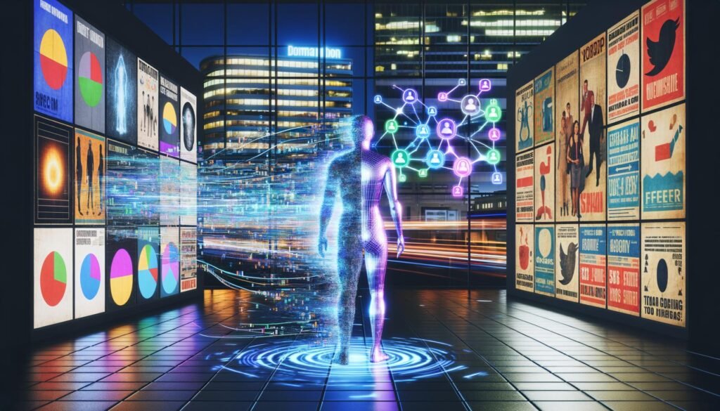 Modernes Großstadt-Büro bei Nacht mit leuchtenden Datenströmen, einer futuristischen humanoiden KI und holografischen Marketing-Icons und Diagrammen.