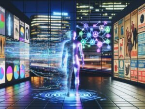 Modernes Großstadt-Büro bei Nacht mit leuchtenden Datenströmen, einer futuristischen humanoiden KI und holografischen Marketing-Icons und Diagrammen.
