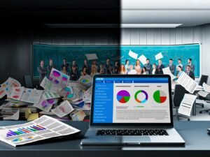 Ordentlicher Schreibtisch mit Laptop und Dashboard im Vordergrund, chaotische Papierstapel und digitale Bildschirme im modernen Büro im Hintergrund, Symbol für Struktur im Marketing-Reporting
