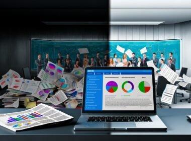 Ordentlicher Schreibtisch mit Laptop und Dashboard im Vordergrund, chaotische Papierstapel und digitale Bildschirme im modernen Büro im Hintergrund, Symbol für Struktur im Marketing-Reporting
