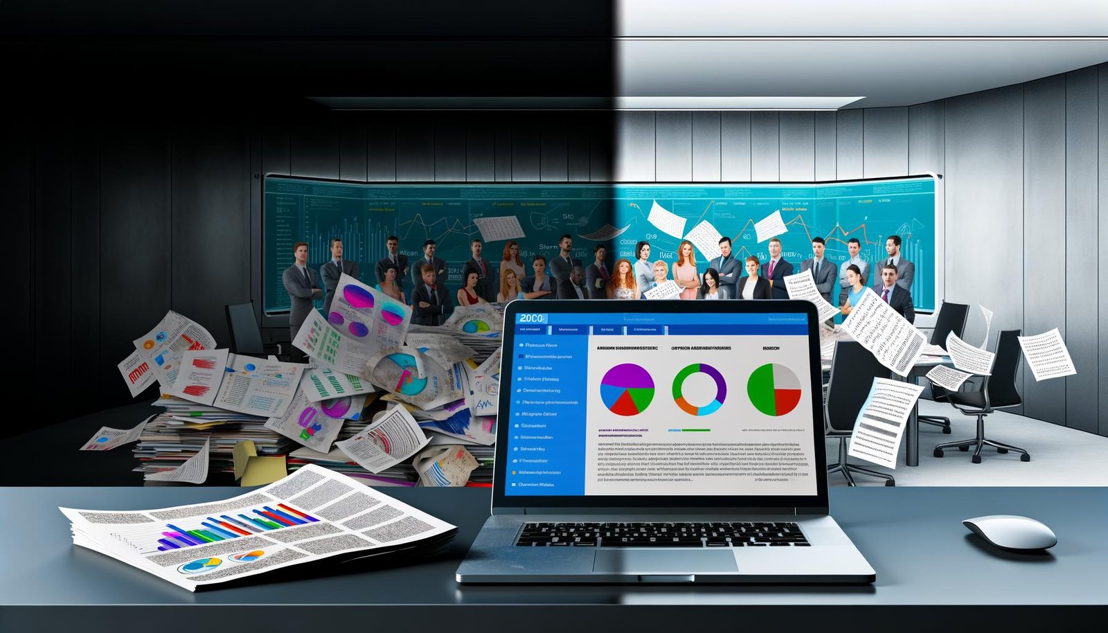Ordentlicher Schreibtisch mit Laptop und Dashboard im Vordergrund, chaotische Papierstapel und digitale Bildschirme im modernen Büro im Hintergrund, Symbol für Struktur im Marketing-Reporting