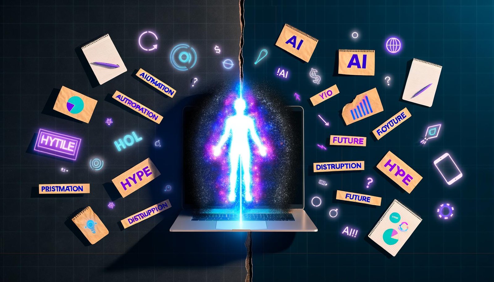 Illustration einer halb menschlichen, halb maschinellen KI-Silhouette, die von trendigen Marketing-Buzzwords umgeben ist. Im Kontrast stehen reale Marketingobjekte, die durch eine unsichtbare Grenze von der KI getrennt sind.