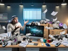 Frustrierter Marketingmanager vor chaotischem Schreibtisch mit Papieren, alten Festplatten und Laptops, daneben modernes Dashboard eines Mitbewerbers