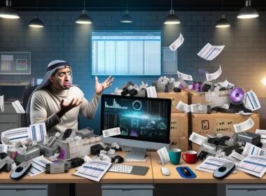 Frustrierter Marketingmanager vor chaotischem Schreibtisch mit Papieren, alten Festplatten und Laptops, daneben modernes Dashboard eines Mitbewerbers