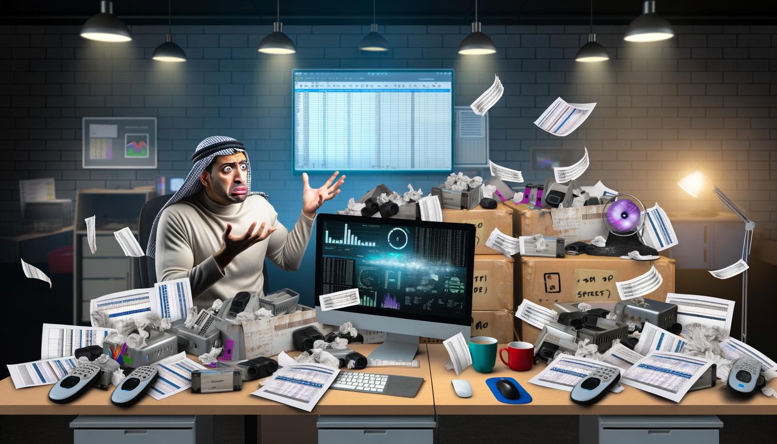 Frustrierter Marketingmanager vor chaotischem Schreibtisch mit Papieren, alten Festplatten und Laptops, daneben modernes Dashboard eines Mitbewerbers