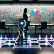Ein großes, modernes Großraumbüro mit halb schattigen Bereichen zeigt eine robotische Turm-Schachfigur am digitalen Schachbrett gegen einen verschwommenen Geschäftsmenschen. Umgeben von holografischen Diagrammen, KI-Symbolen und Marketing-Elementen.