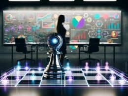 Ein großes, modernes Großraumbüro mit halb schattigen Bereichen zeigt eine robotische Turm-Schachfigur am digitalen Schachbrett gegen einen verschwommenen Geschäftsmenschen. Umgeben von holografischen Diagrammen, KI-Symbolen und Marketing-Elementen.