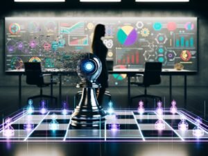 Ein großes, modernes Großraumbüro mit halb schattigen Bereichen zeigt eine robotische Turm-Schachfigur am digitalen Schachbrett gegen einen verschwommenen Geschäftsmenschen. Umgeben von holografischen Diagrammen, KI-Symbolen und Marketing-Elementen.