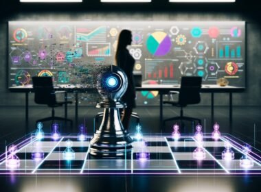 Ein großes, modernes Großraumbüro mit halb schattigen Bereichen zeigt eine robotische Turm-Schachfigur am digitalen Schachbrett gegen einen verschwommenen Geschäftsmenschen. Umgeben von holografischen Diagrammen, KI-Symbolen und Marketing-Elementen.