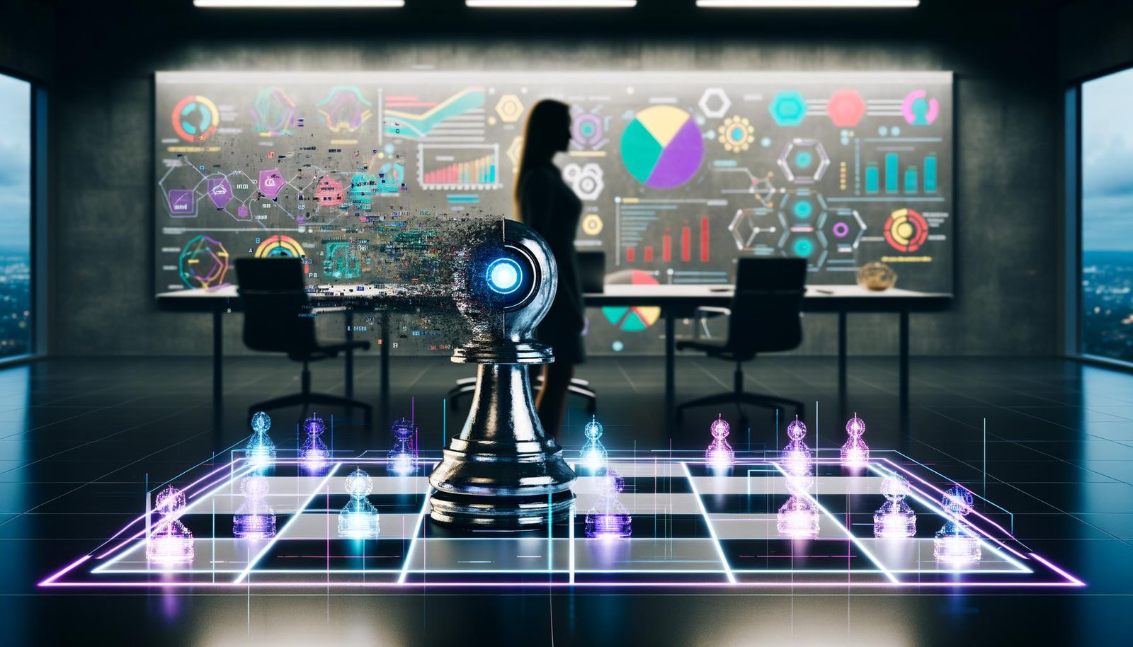Ein großes, modernes Großraumbüro mit halb schattigen Bereichen zeigt eine robotische Turm-Schachfigur am digitalen Schachbrett gegen einen verschwommenen Geschäftsmenschen. Umgeben von holografischen Diagrammen, KI-Symbolen und Marketing-Elementen.