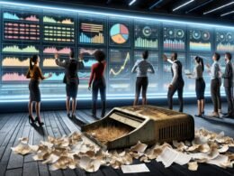 Team aus digitalen Marketer analysiert im modernen Büro ein großes Dashboard mit Echtzeitdaten, während alte Analysen auf dem Boden liegen.