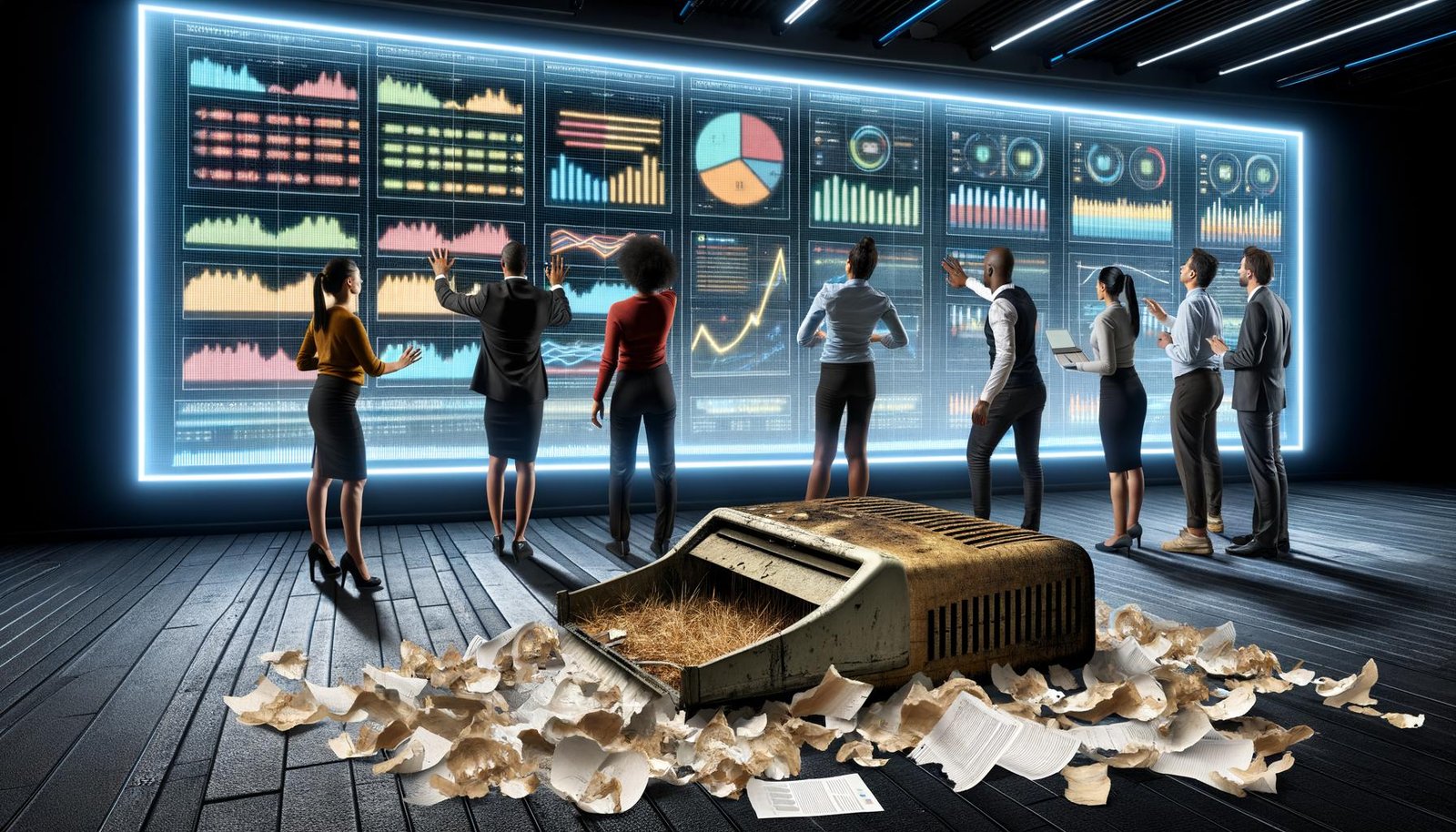 Team aus digitalen Marketer analysiert im modernen Büro ein großes Dashboard mit Echtzeitdaten, während alte Analysen auf dem Boden liegen.