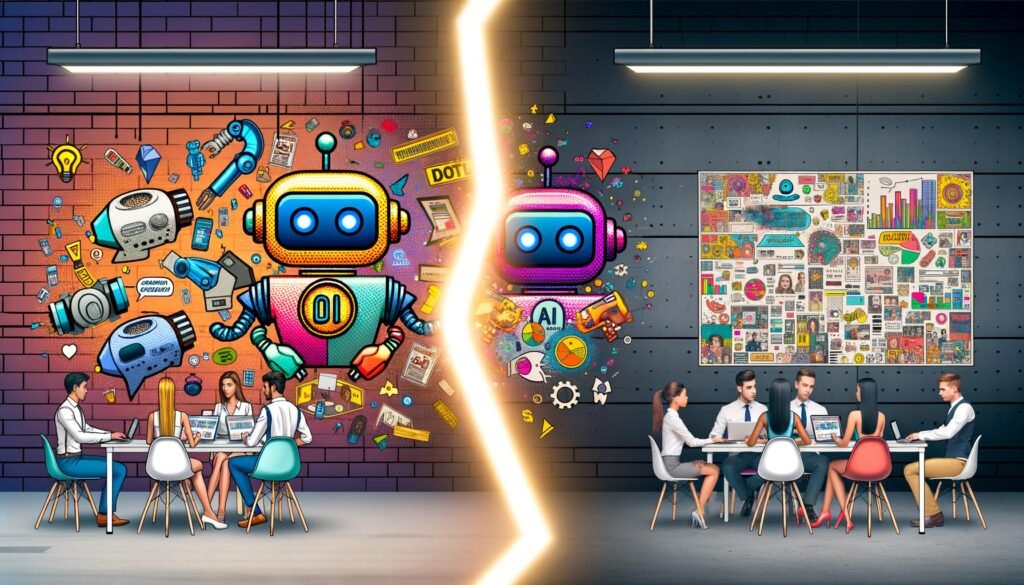 Modernes Büro mit bunter KI-Illustration, Chatbots, Roboterarmen und kreativen Mitarbeitern an Whiteboards und Laptops, getrennt durch eine leuchtende Linie, retro-inspirierte Werbeplakate im Hintergrund.
